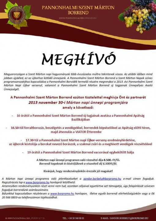 Ünnepi program meghívó  - Pannonhalmi Szent Márton Borrend Ünnepi Program
